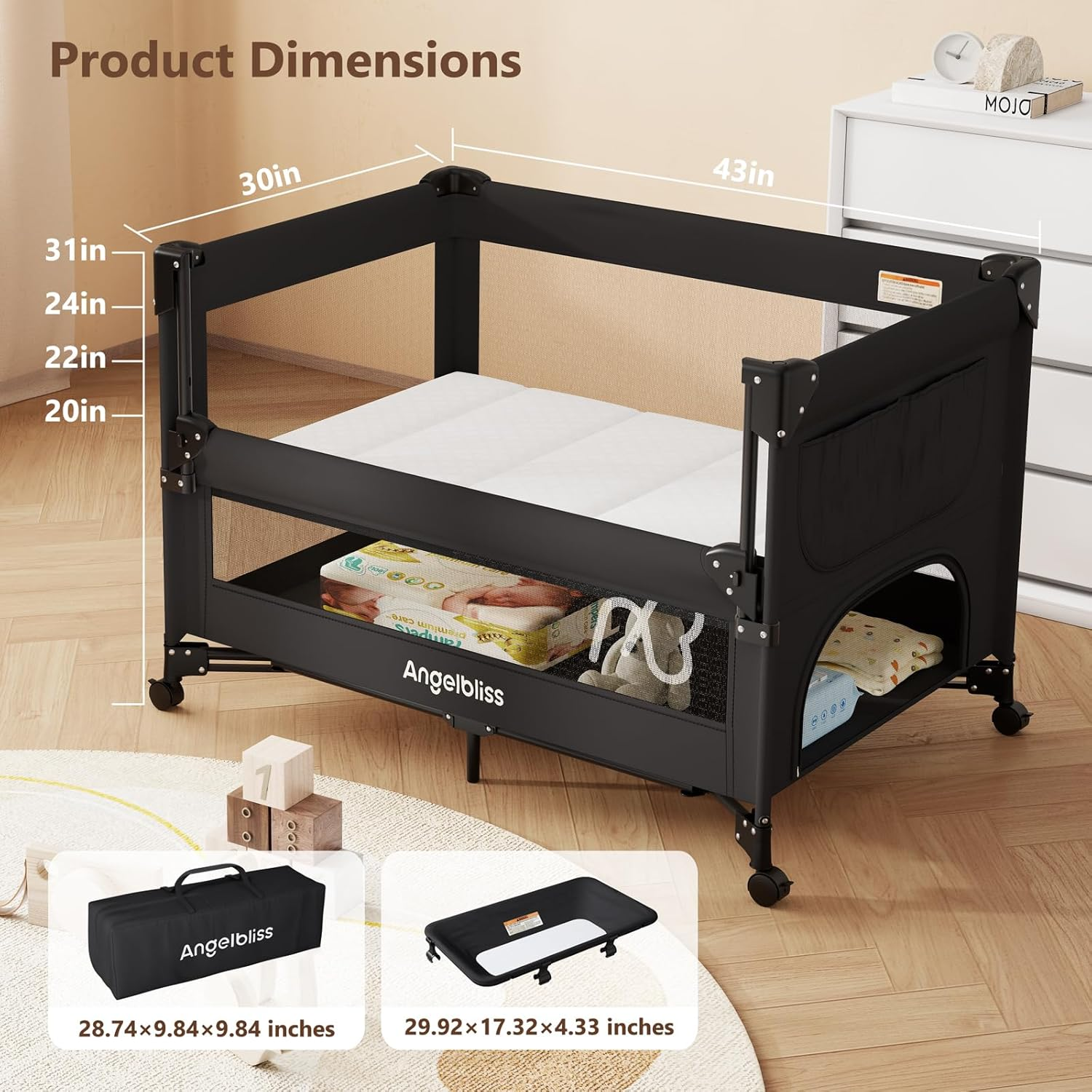 angelbliss-baby-bassinets-bn11-beistellbett-schwarz-mit-wickeltisch image 3